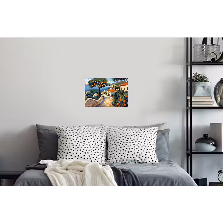 Huizen - Mozaïek - Sinaasappelbomen - Zee Muursticker klein -slaapkamer