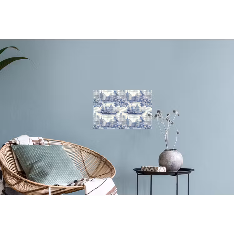 Huizen - Bomen - Water - Vogels - Blauw Muursticker klein 286 -plant