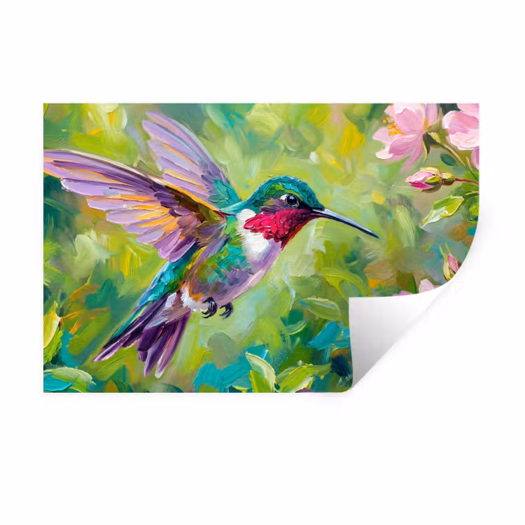 Kolibrie - Bloemen - Natuur - Kleurrijk Muursticker klein -3d