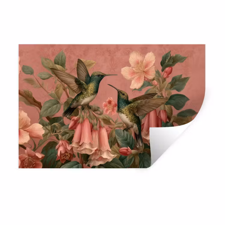 Kolibries - Bloemen - Groen - Roze Muursticker klein -3d