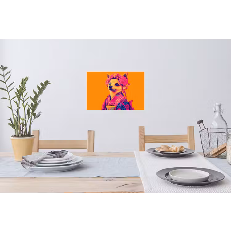 Kimono - Hondje - Bloemenkroon - Oranje Muursticker klein -eettafel
