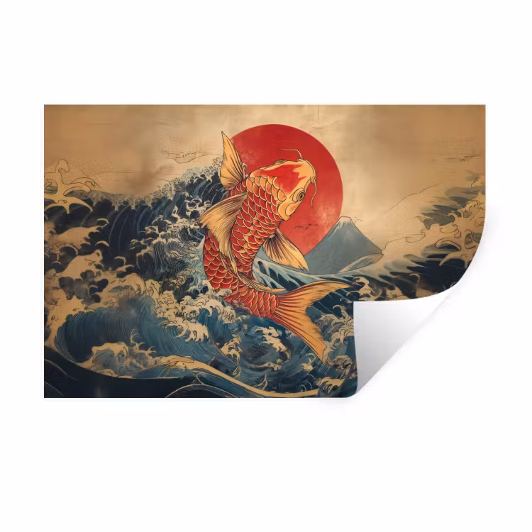 Koi - Zee - Golven - Zon Muursticker klein -3d