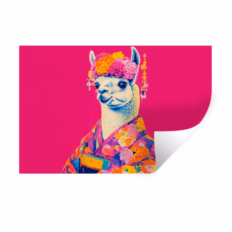 Lama - Kimono - Bloemenkrans - Felroze Muursticker klein -3d