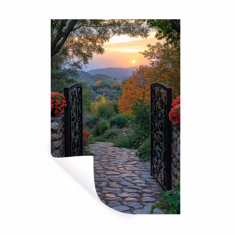 Landschap - Hek - Pad - Zonsondergang - Natuur Muursticker klein -3d