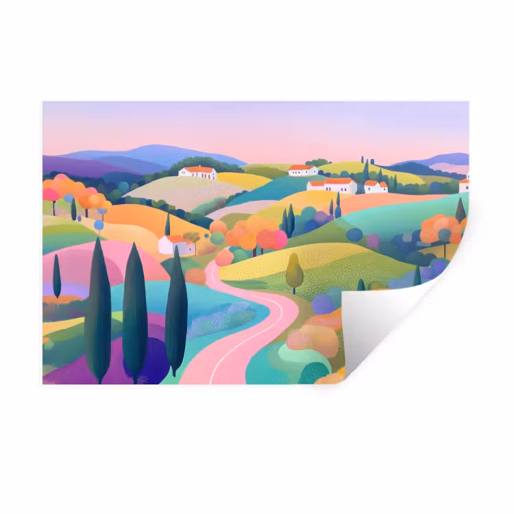 Landschap - Paars - Pastel - Huizen Muursticker klein -3d