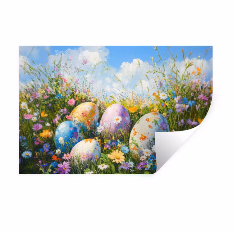 Grasveld - Eieren - Bloemen Muursticker klein -3d