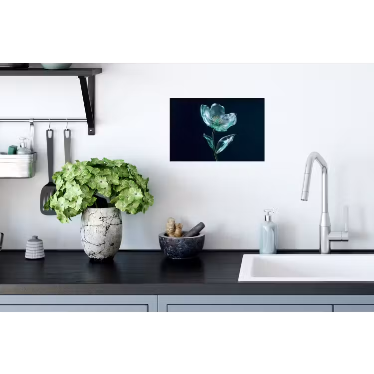 Bladeren - Bloem - Glazen - Donkerblauw Muursticker klein -keuken