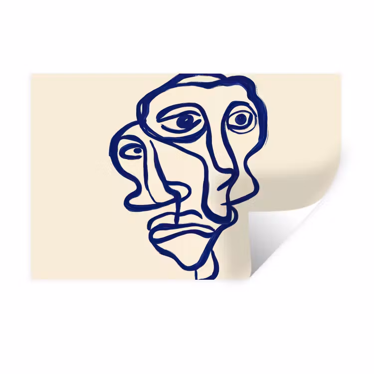 Lijntekening - Overlappende gezichten - Donkerblauw Muursticker klein -3d