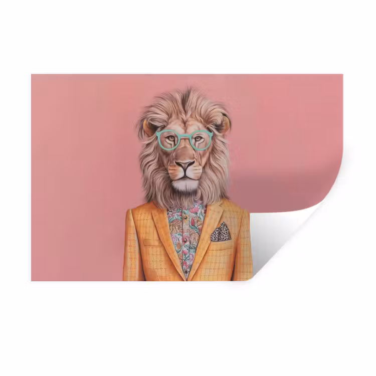 Leeuw - Pak - Geruit - Bril Muursticker klein -3d