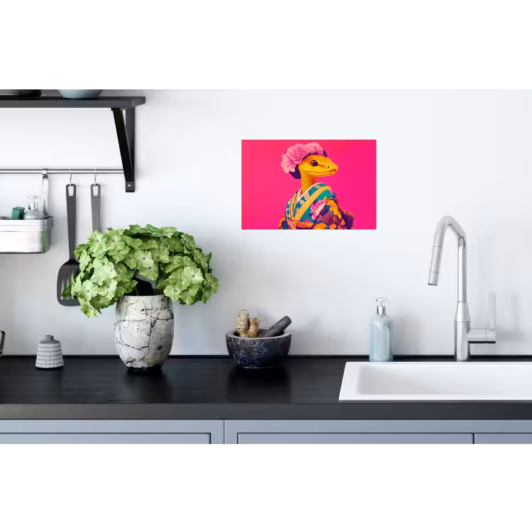 Hagedis - Bloemen - Roze - Kimono Muursticker klein -keuken