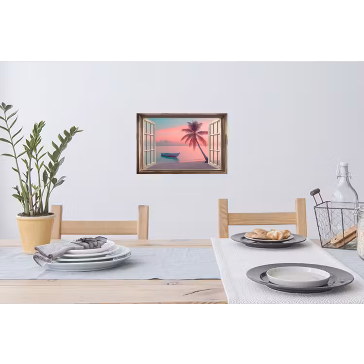 Doorkijk - Strand - Palmboom - Tropisch Muursticker klein -eettafel