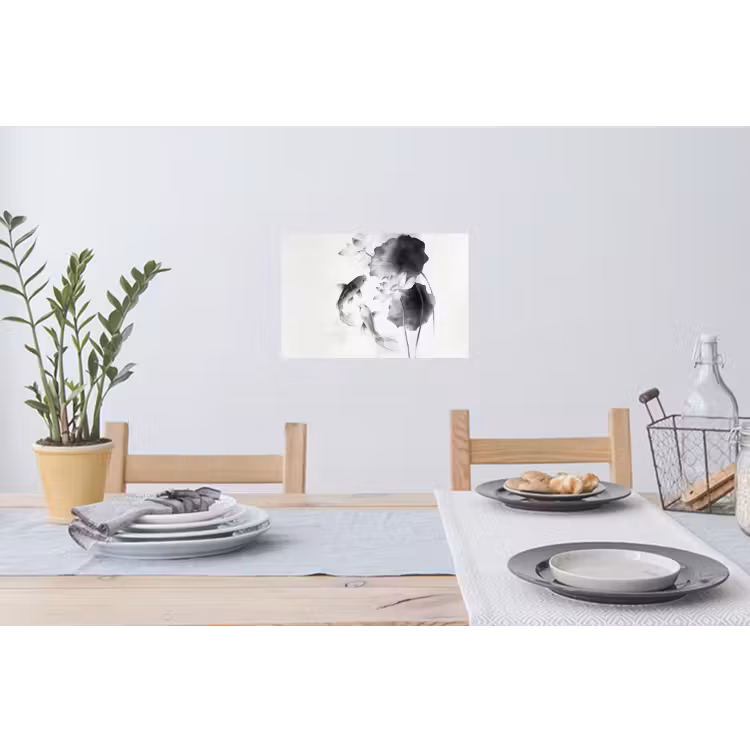 Lotusbloemen - Vissen - Bladeren - Zwart Muursticker klein -eettafel