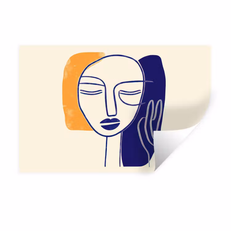 Minimalistisch - Gezicht - Hand - Oranje - Blauw Muursticker klein -3d
