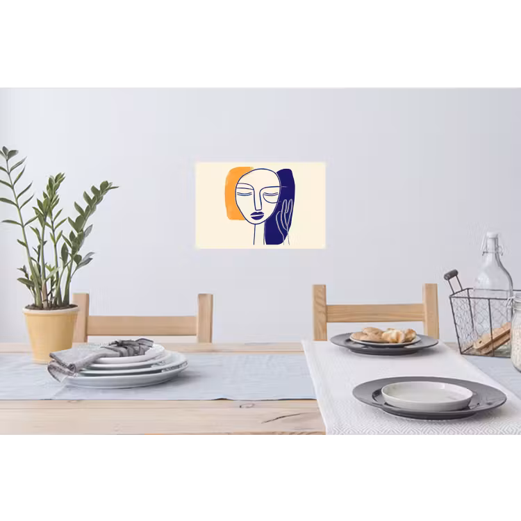 Minimalistisch - Gezicht - Hand - Oranje - Blauw Muursticker klein -eettafel