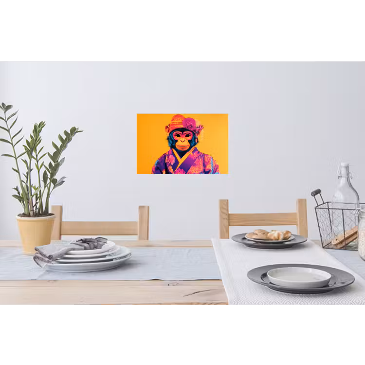Aap - Kimono - Bloemen - Hoofdtooi Muursticker klein -eettafel