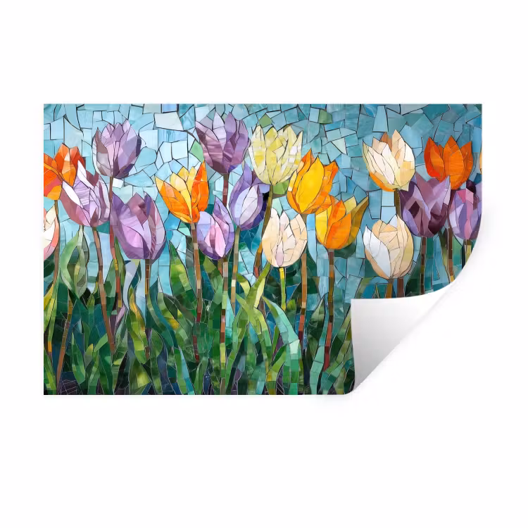 Mozaïek - Veld - Tulpen - Kleurrijk Muursticker klein -3d