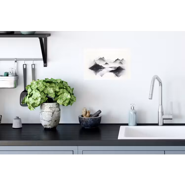 Bergen - Mistig - Water - Wit Muursticker klein -keuken