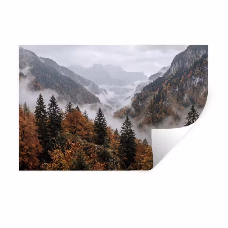 Bergen - Vallei - Mist - Herfst - Natuur Muursticker klein -3d