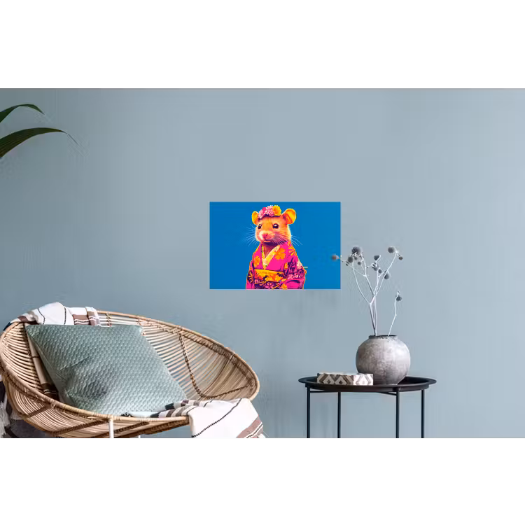 Muis - Kimono - Bloemen - Blauw Muursticker klein -plant