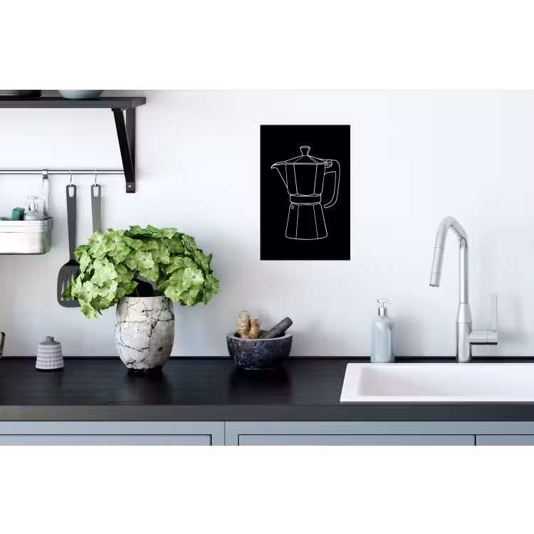 Mokkapot - Zwart - Wit - Lijntekening Muursticker klein -keuken
