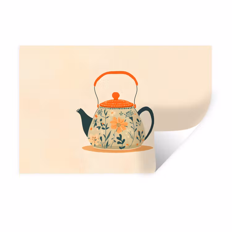 Oranje - Theepot - Bloemen - Bladeren Muursticker klein -3d