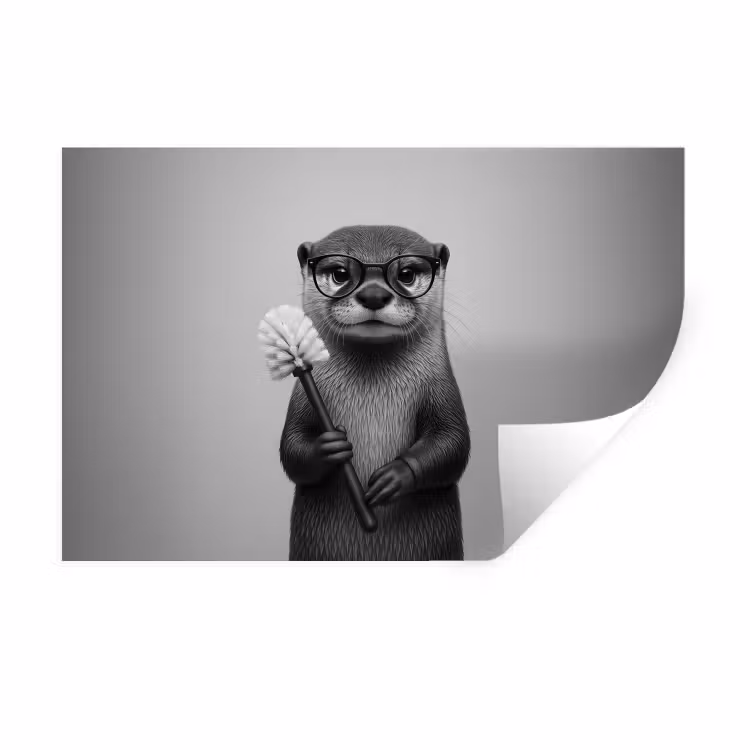 Otter - Wc-borstel - Bril - Zwart - Wit Muursticker klein -3d