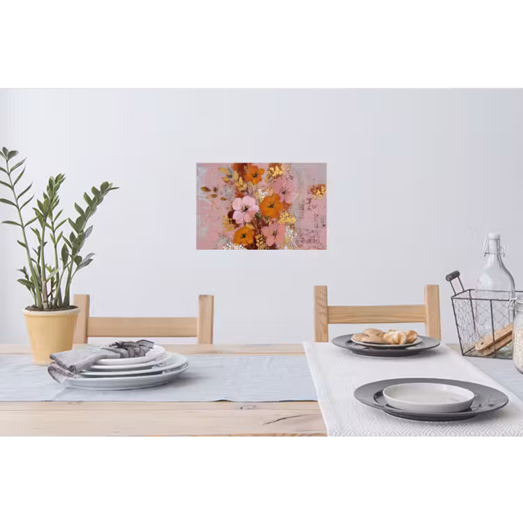 Schilderij - Bloemen - Rustiek - Roze Muursticker klein -eettafel