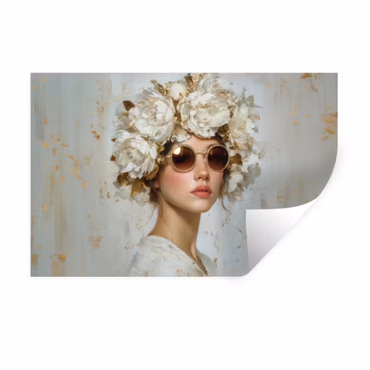 Schilderij - Vrouw - Zonnebril - Bloemenkrans Muursticker klein -3d