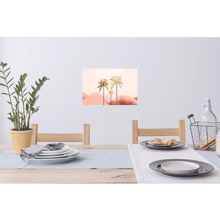 Palmbomen - Heuvels - Minimalistisch - Zachtroze Muursticker klein -eettafel