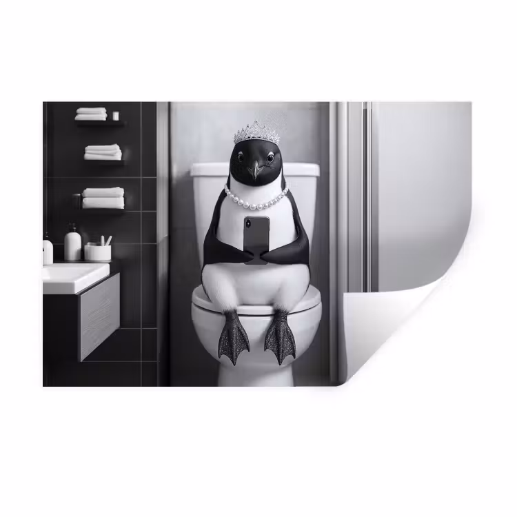 Pinguïn - Telefoon - Toilet - Zwart - Wit Muursticker klein -3d