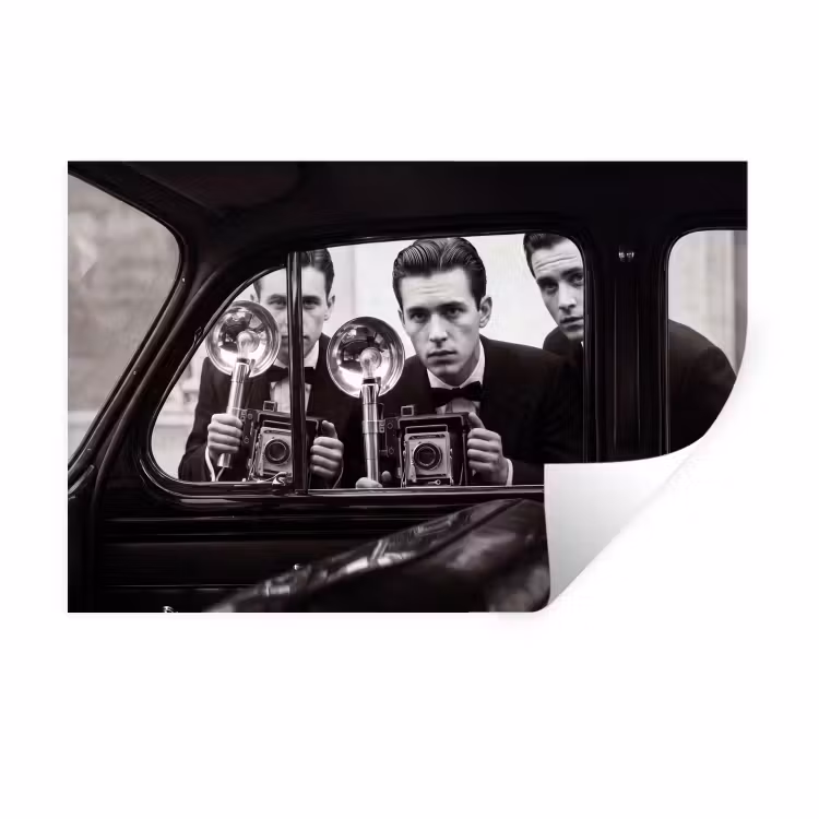 Fotograaf - Camera - Vintage - Journalistiek - Zwart-wit Muursticker klein -3d