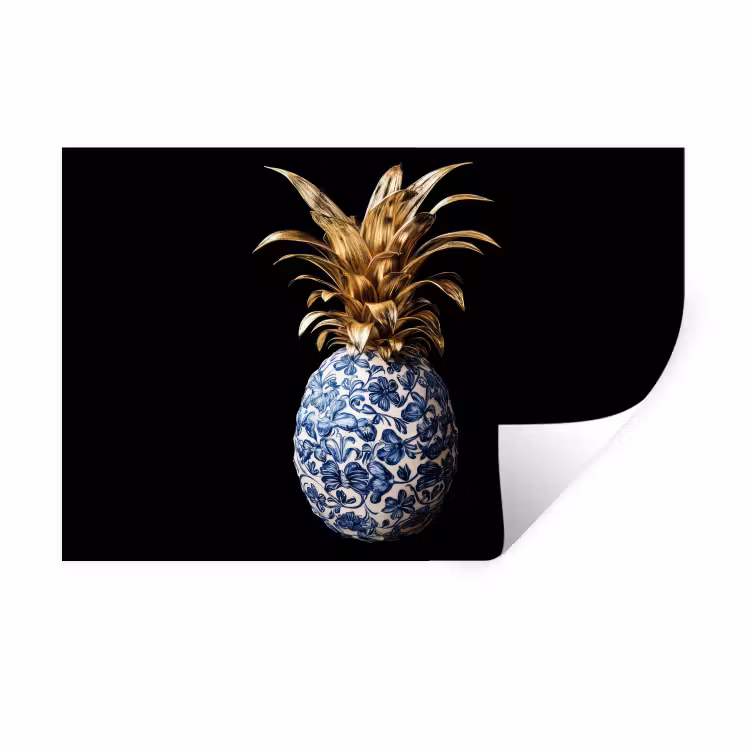 Ananas - Bloemen patroon - Goud - Delftsblauw Muursticker klein -3d