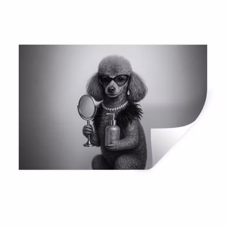 Poedel - Spiegel - Zwart - Wit Muursticker klein -3d