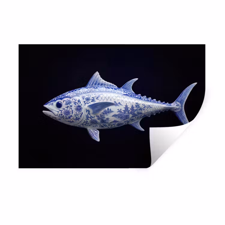 Porselein - Tonijn - Delfts - Blauw Muursticker klein -3d