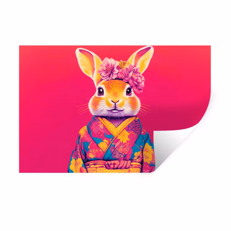Konijn - Bloemen - Kleurrijk - Kimono Muursticker klein -3d