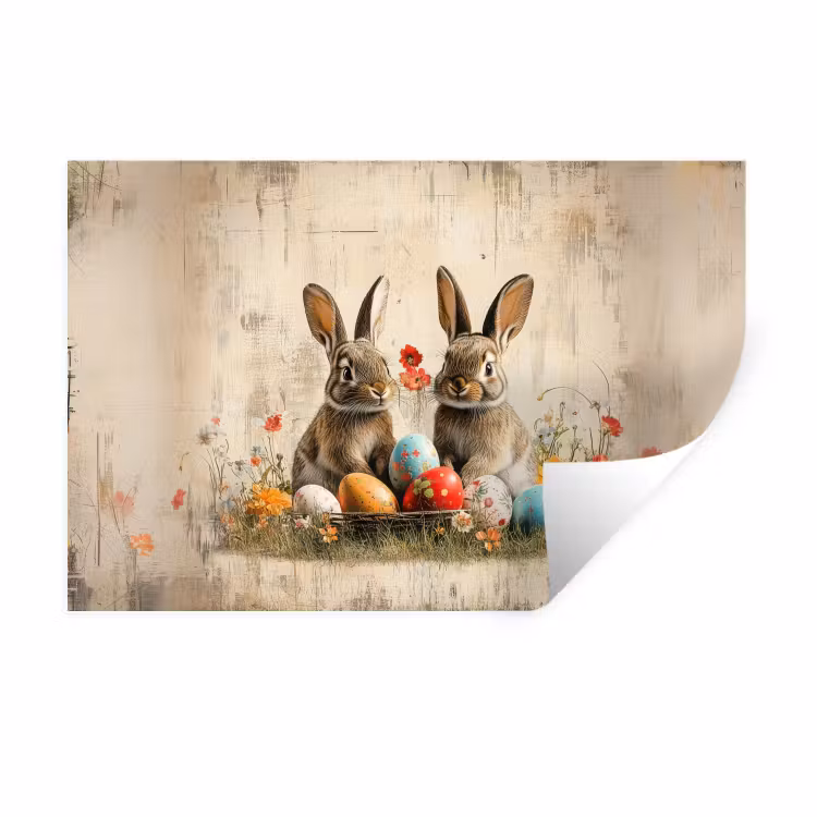 Konijnen - Bloemen - Eieren Muursticker klein -3d