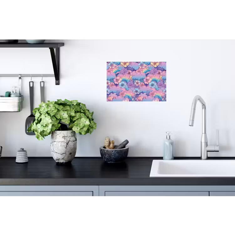Regenbogen - Bloemen - Kleurrijk - Wolken Muursticker klein -keuken