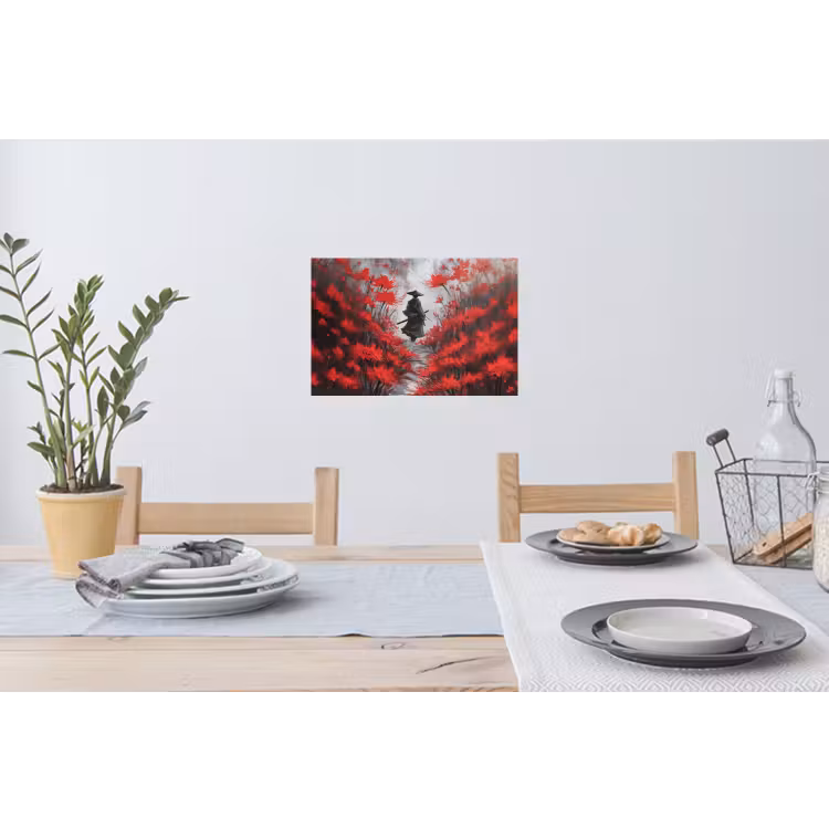 Rode bloemen - mistig - Man Muursticker klein -eettafel