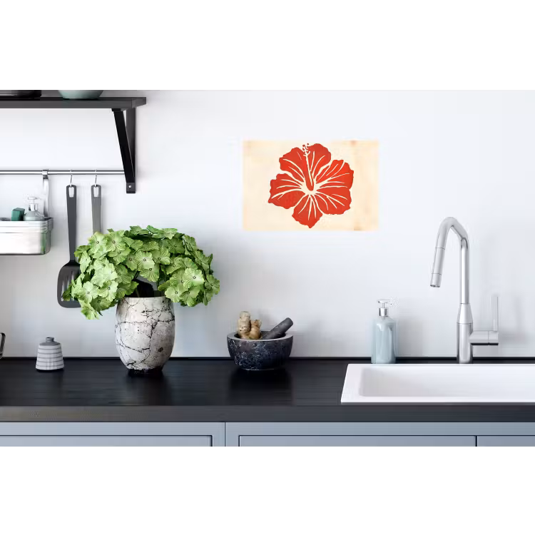 Rode hibiscusbloem - Textuur achtergrond - Beige Muursticker klein -keuken