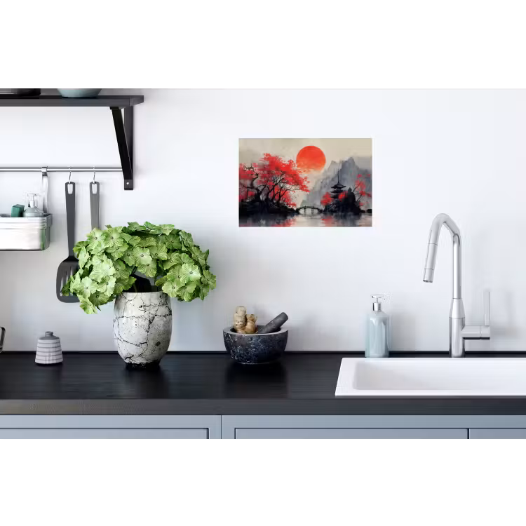 Rode zon - Rivier - brug - Bomen Muursticker klein -keuken