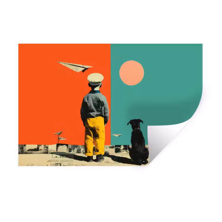 Retro - Jongen - Hond - Rood - Groen Muursticker klein -3d