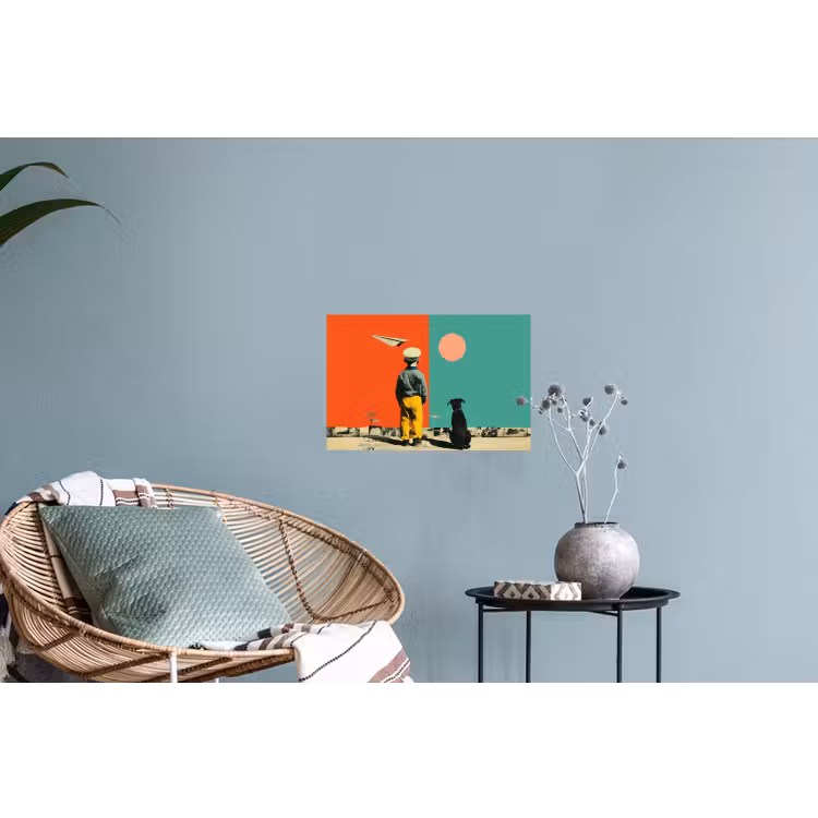 Retro - Jongen - Hond - Rood - Groen Muursticker klein -plant