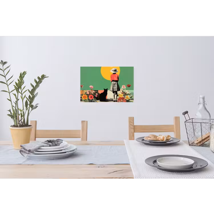 Retro - Meisje - Kat - Zon Muursticker klein -eettafel