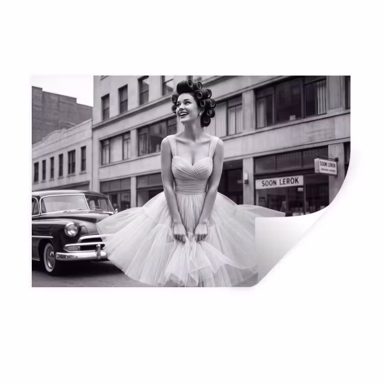 Retro - Vrouw - Zwart - Wit Muursticker klein -3d