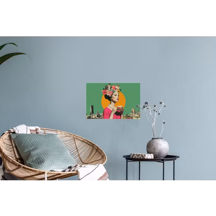 Retro - Vrouw - Stad - Zon Muursticker klein -plant