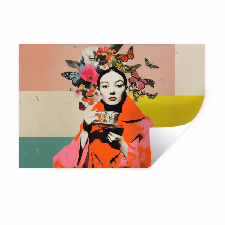Retro - Vrouw - Kopje - Vlinders Muursticker klein -3d