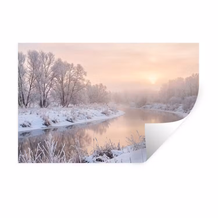 Rivier - Winter - Landschap - Sneeuw - Zonsopgang Muursticker klein -3d