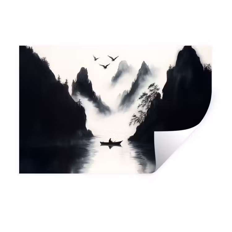 Roeiboot - Mistig - Bergen - Vogels Muursticker klein -3d
