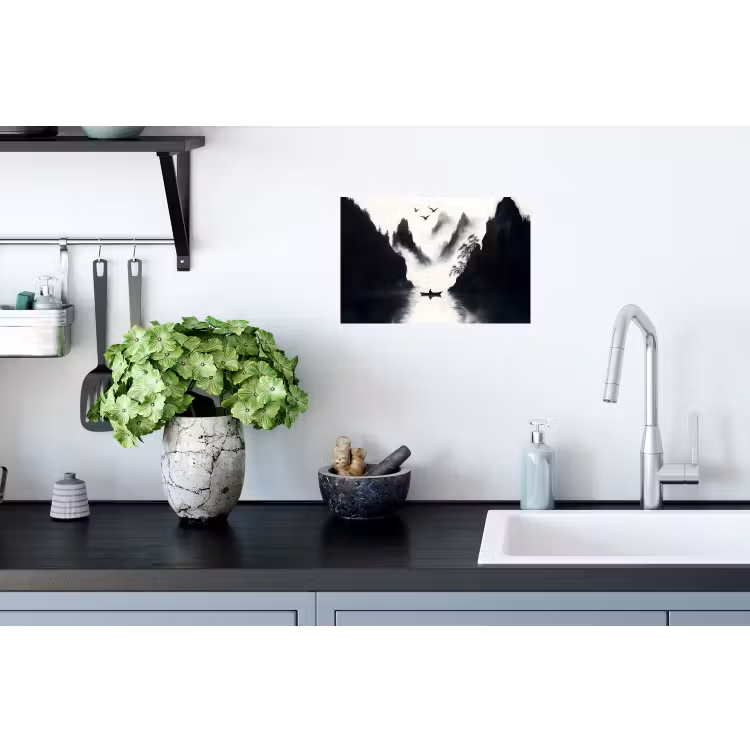 Roeiboot - Mistig - Bergen - Vogels Muursticker klein -keuken