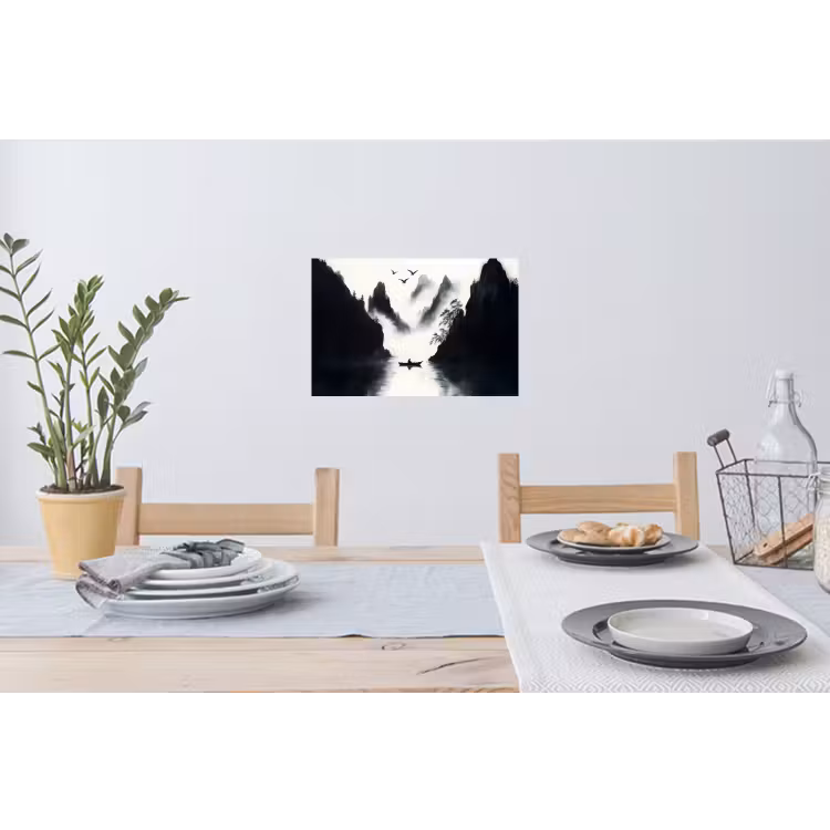 Roeiboot - Mistig - Bergen - Vogels Muursticker klein -eettafel